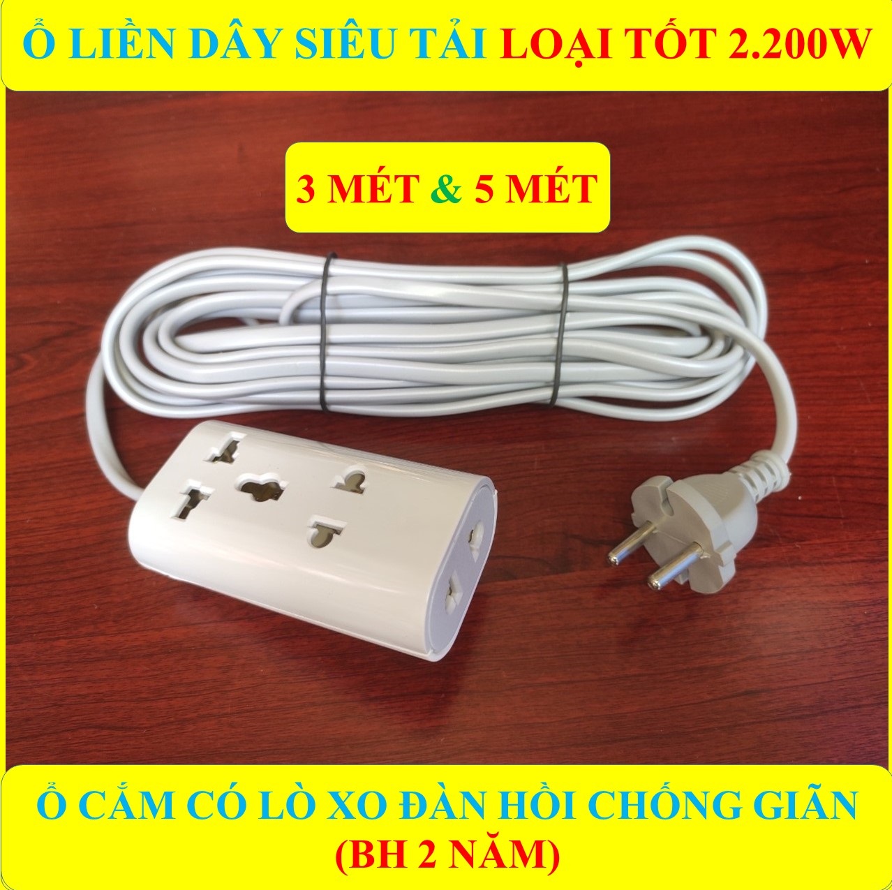 Ổ cắm điện liền dây đa năng CHỊU TẢI CAO 2200W có màng che an toàn + Dây dài 3/5 Mét + Ổ cắm đa năng có lò xo chống giãn đàn hồi HÀNG LOẠI 1 cao cấp