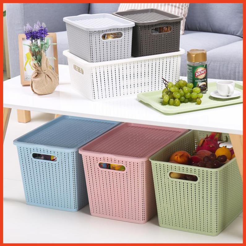 Rổ chữ nhật đựng đồ nhựa giả mây đa năng sang đẹp phong cách hàn quốc bé 14x19x28cm ( Giao màu Ngẫu nhiên )