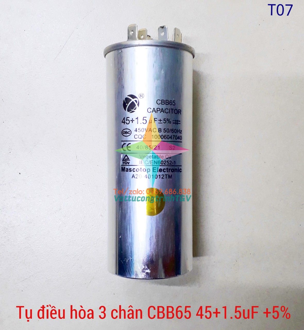 Tụ điều hòa MASCOTOP kiểu CBB65 loại 45uF+5% - Tụ 2 chân/ 3 chân