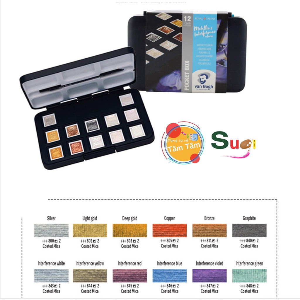 Màu nước van gogh - hộp đen set 12 nhũ - pocket bõ metallic van gogh 12pans + brush