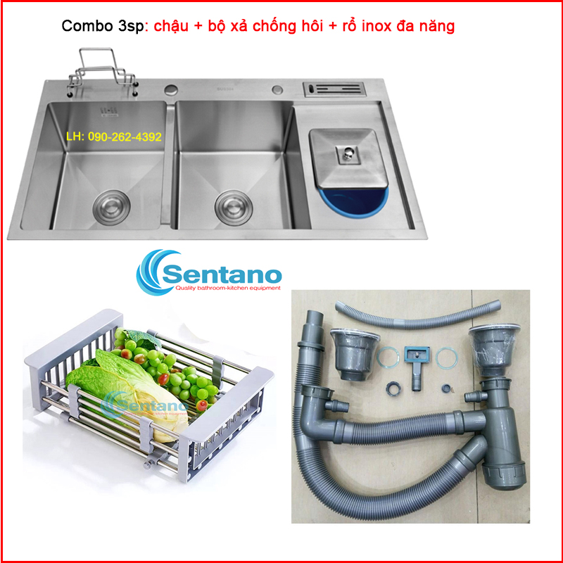 [SALE RẺ]Chậu rửa chén đúc 2 ngăn SENTANO inox sus304 kích thước 100x48cm có kệ dao thớt, hộc rác và bàn chờ bên phải sử dụng tiện lợi