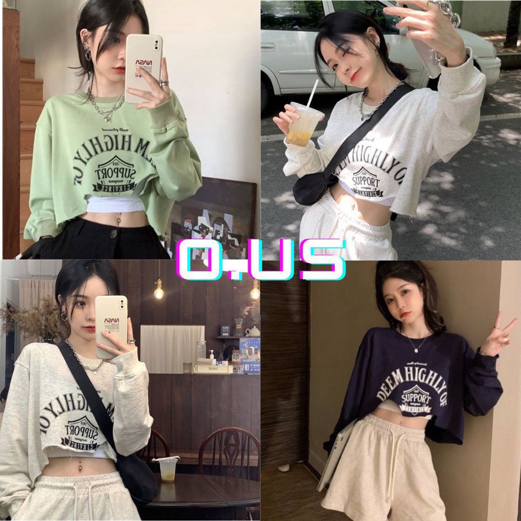 Sét áo cặp thun da cá cổ tròn dài tay croptop phối in chữ siêu đẹp ttlsa1161