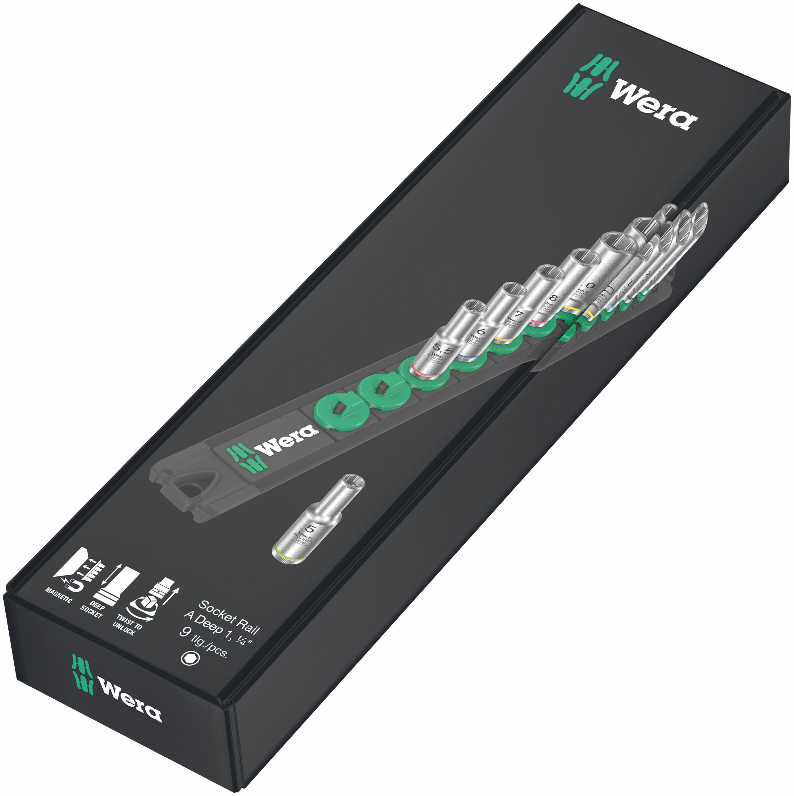 Bộ tuýp dài 1/4" Wera 05005410001 Magnetic socket rail A Deep 1 gồm 9 cái đa năng dùng tay và máy