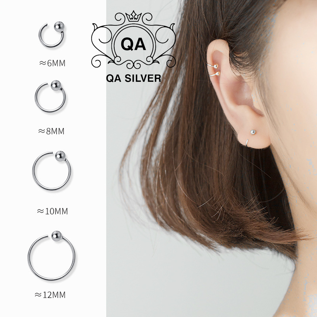Khuyên tai bạc 925 bi móc chữ C bông tròn nam nữ kẹp vành tối giản S925 C-SHAPED QA SILVER Earrings EA190505