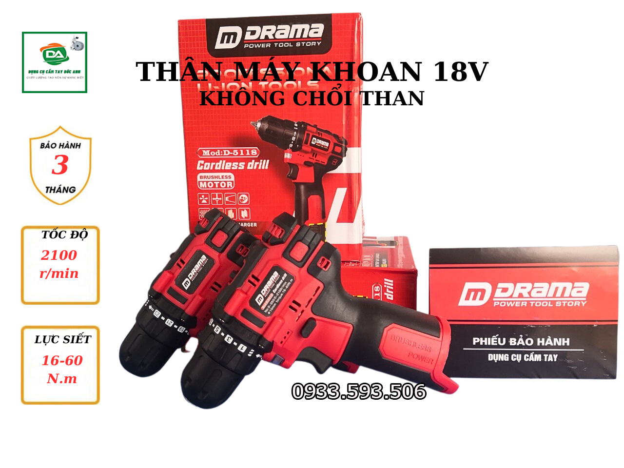 Thân máy khoan dùng pin 4 cell drama 18v không chổi than