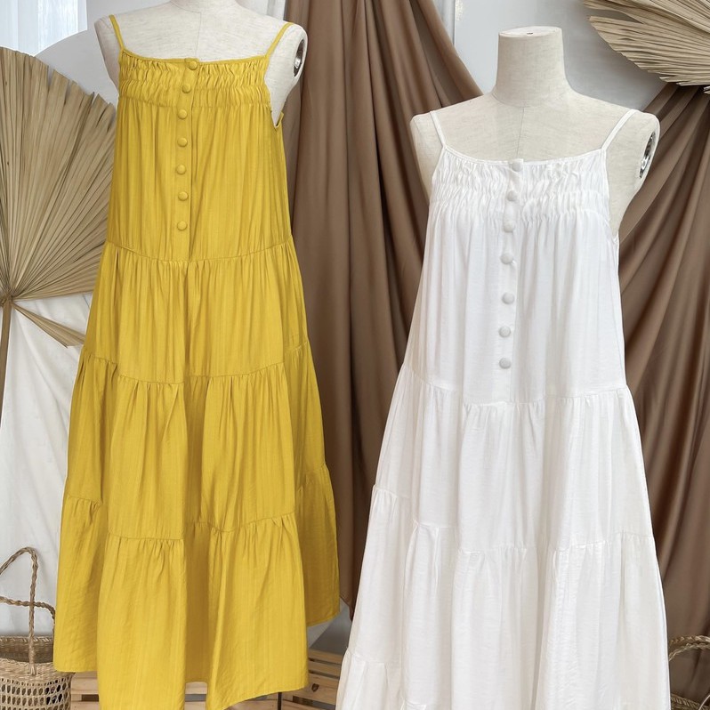 [Ảnh thật] Đầm maxi 2 dây tơ xước nhiều tầng nút bọc