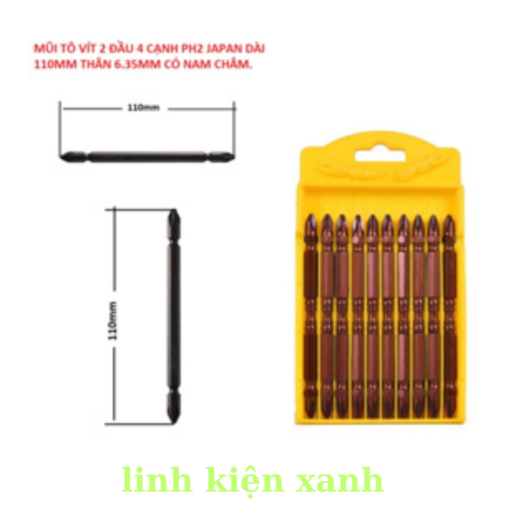Mũi tô vít 2 đầu 4 cạnh ph2 japan dài 110mm thân 6.35mm có nam châm.