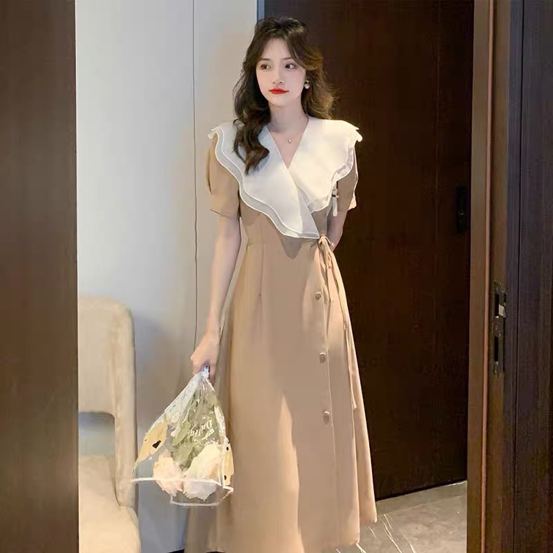 Đầm midi cổ voan bèo đắp chéo ( Có Bigsize )