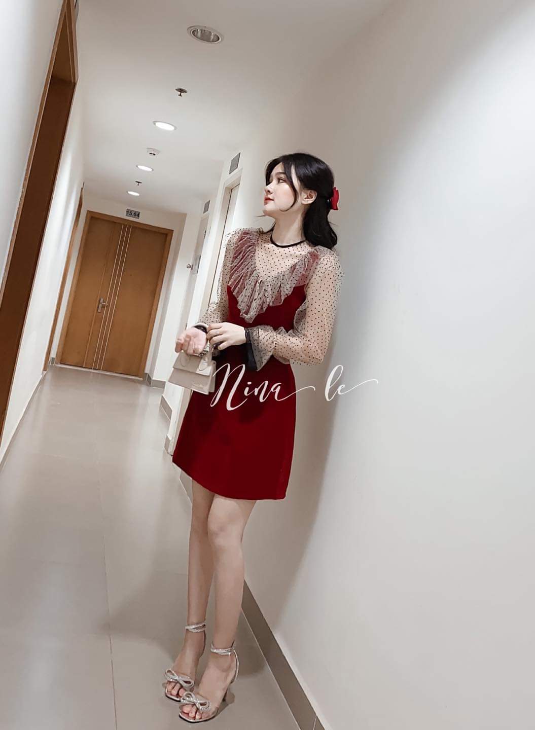 [HCM]Đầm xèo nhung phối bi sang chảnh nữ tính DN04