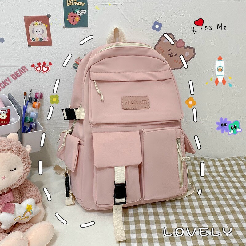 Balo nữ ulzzang Hàn Quốc chống nước, Balo nữ đi học tặng kèm móc gấu- Lemone
