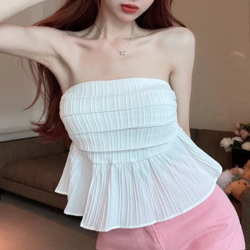 Áo ống xòe xếp ly pinkstore29, kiểu dáng peplum ôm trơn a5436