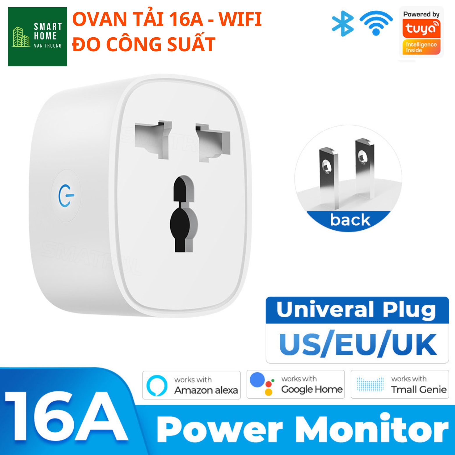 Ổ plug 20A power WiFi + rf433 smart mini Tuya/SmartLife/googlehome power meter
