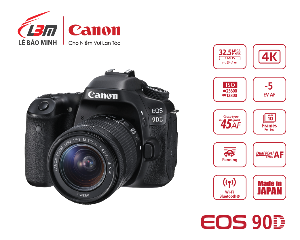 GIFT- Đồng Hồ Máy ảnh Canon EOS 90D KIT 18-55mm - Chính Hãng Lê Bảo Minh