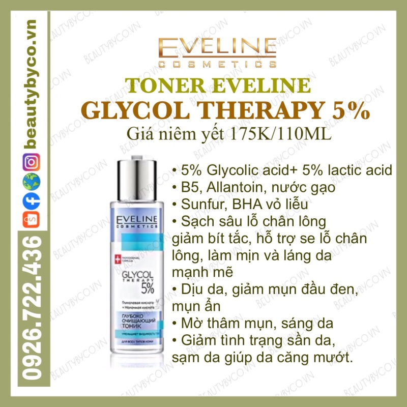 [Mẫu mới nắp trắng] Toner Eveline Glycol Therapy cho da căng bóng, láng mướt, mờ thâm mụn giá rẻ