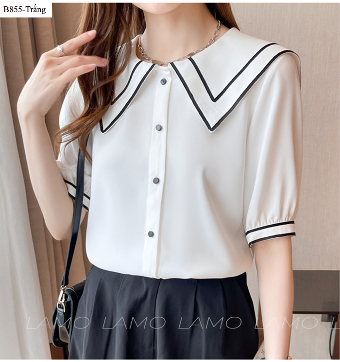 Áo sơ mi nữ đũi phối viền cổ - B855