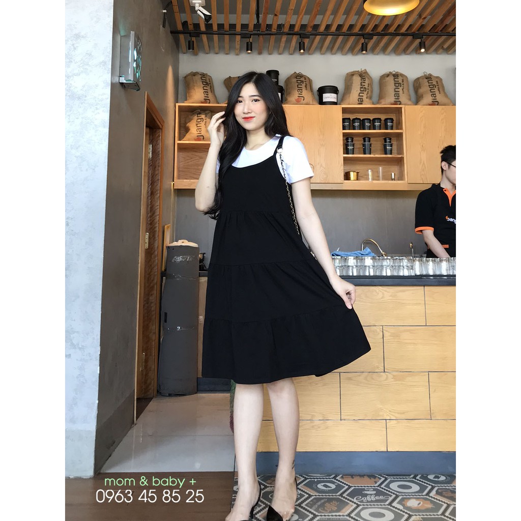 Set yếm bầu công sở babydoll đen phối áo trắng