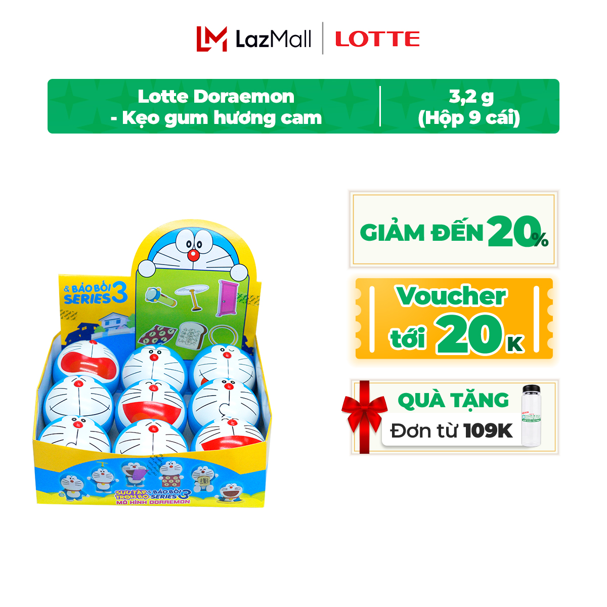 Hộp 9 cái Lotte Doraemon - Kẹo gum hương cam 3,2 g