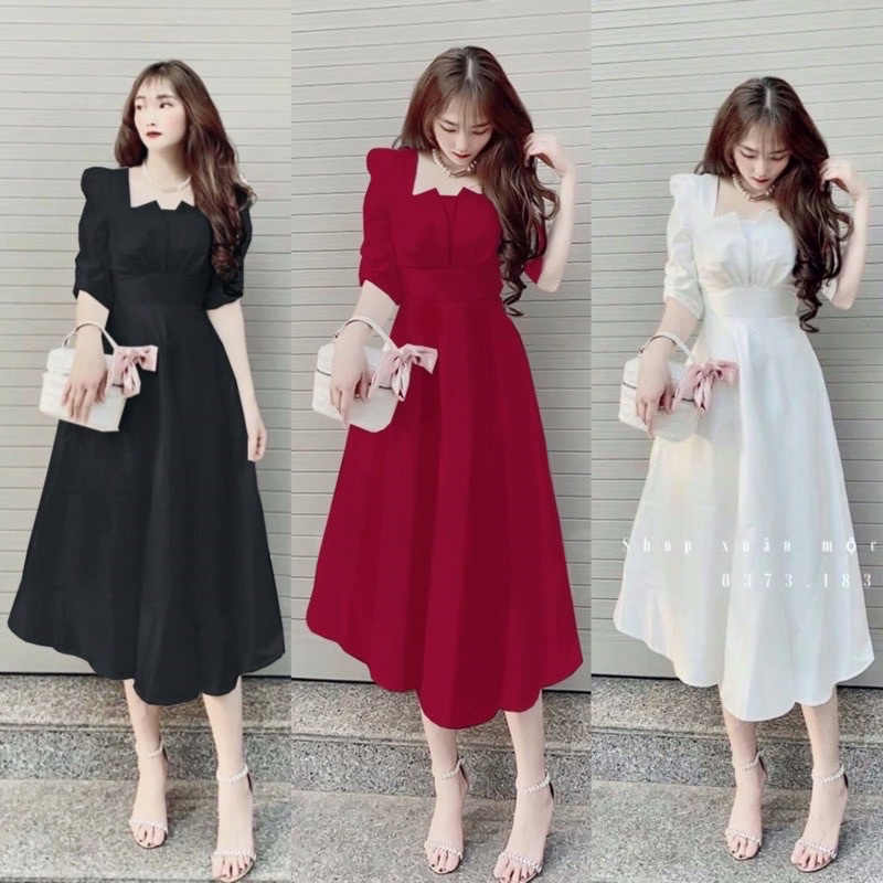 Đầm dự tiệc Bigsize(55-90kg) tay phồng cổ vuông siêu hack dáng
