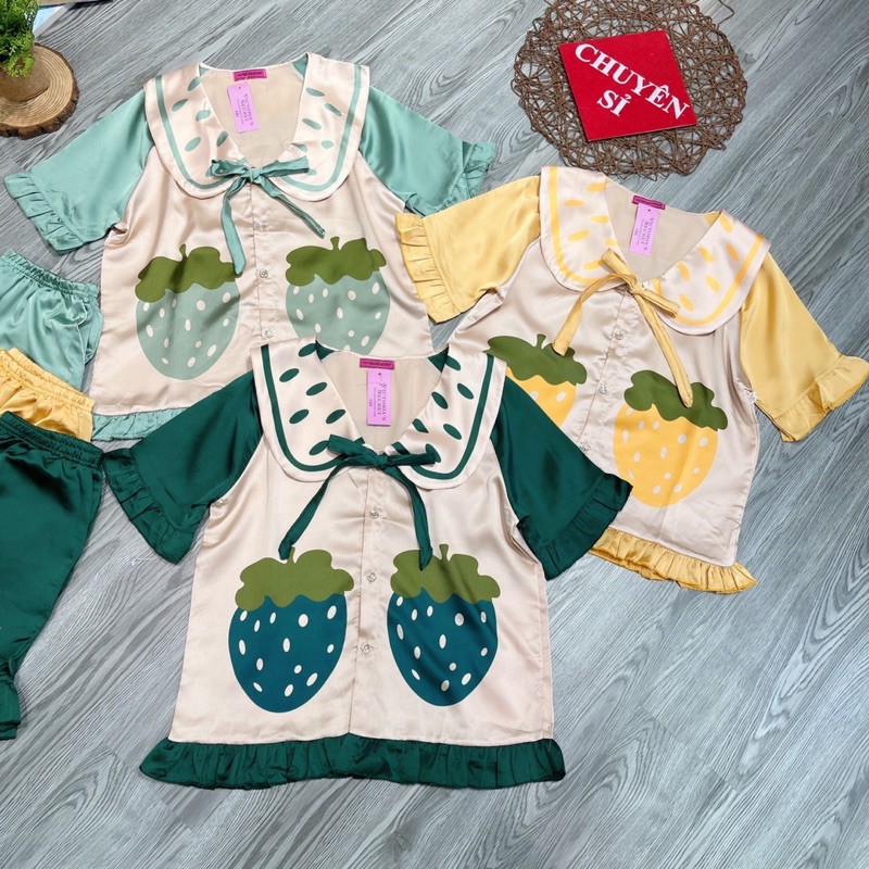 Set bộ mặc nhà, bộ ngủ lụa hình trái cây tiểu thư chất mát.