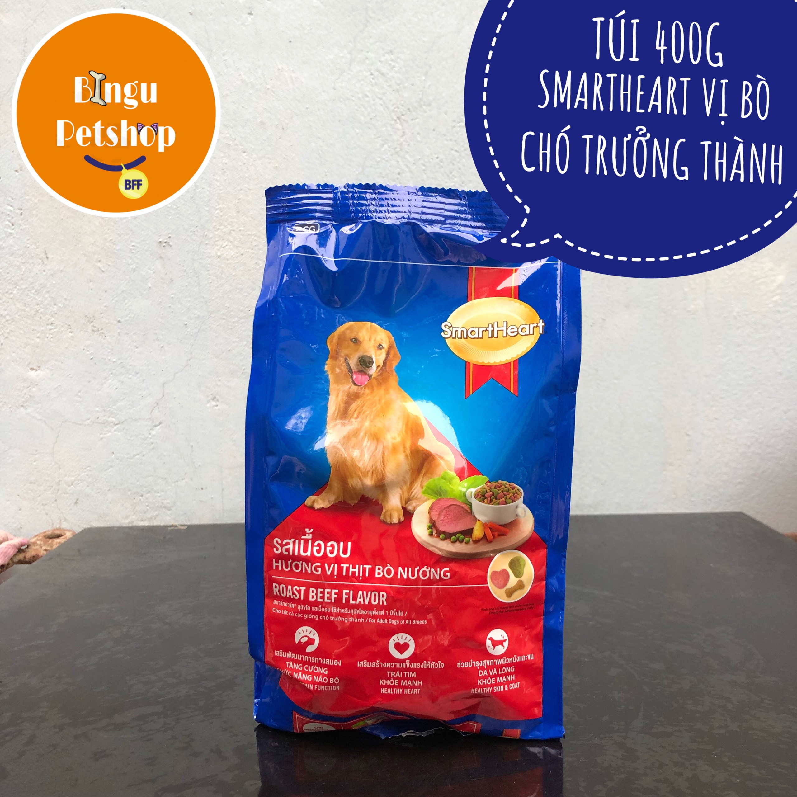 Thức ăn cho chó lớn vị thịt bò smartheart 400gr | bingu petshop