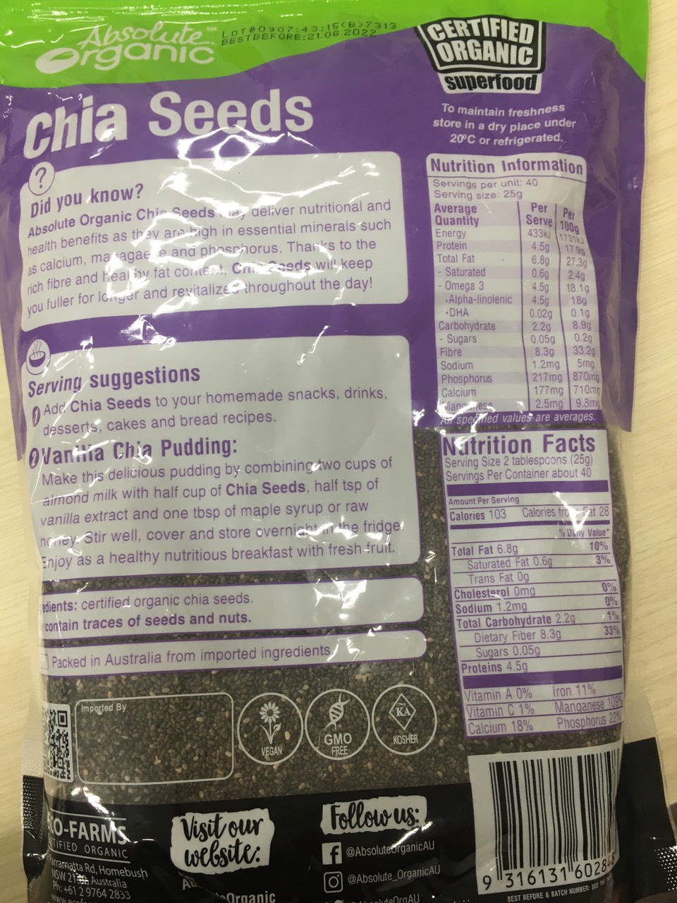 [HCM]Hạt Chia Úc Absolute Organic Chia Seeds 1kg (Nhập Khẩu)