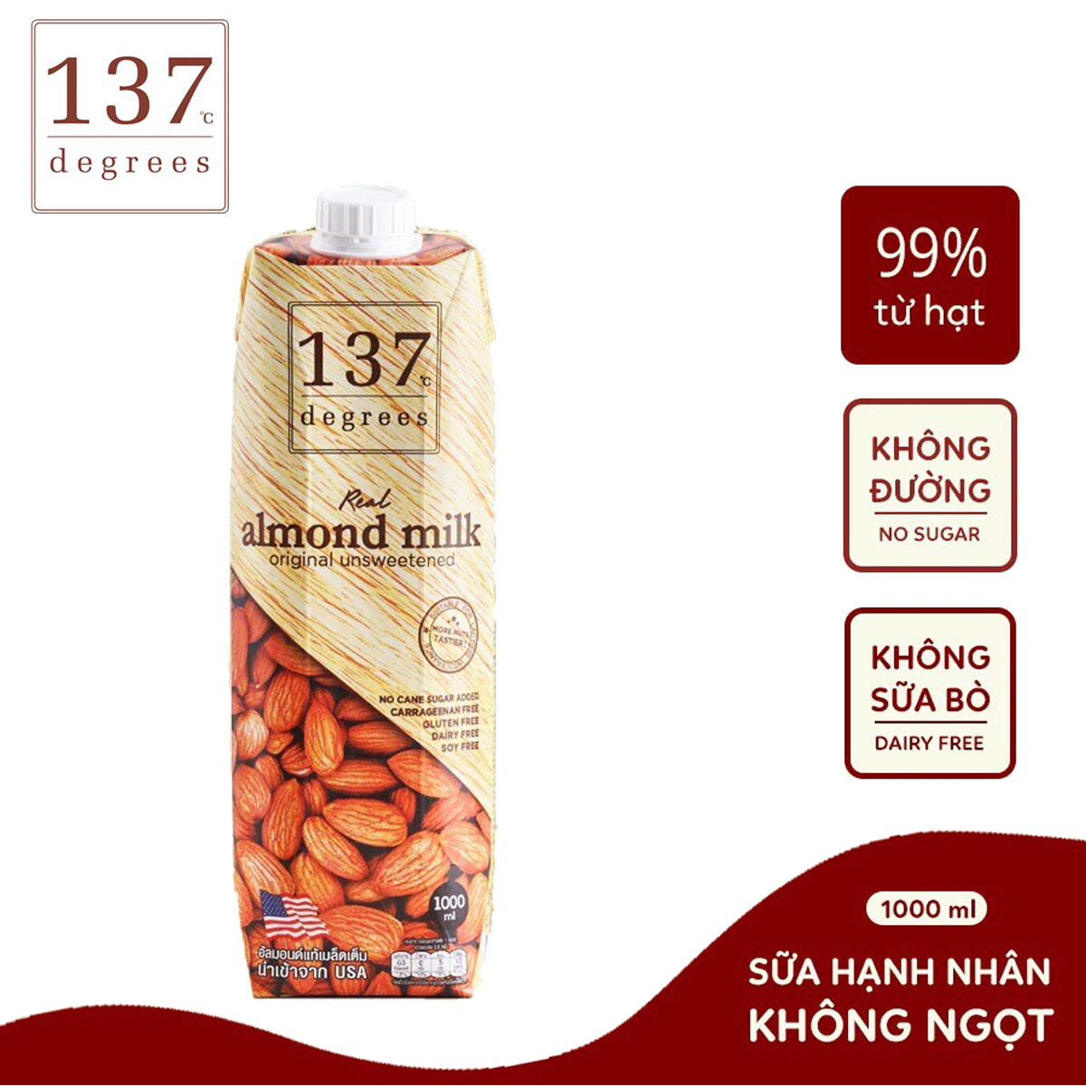 Hộp 1 lít sữa hạt hạnh nhân nguyên chất không đường almond milk unsweetened original 137 degrees