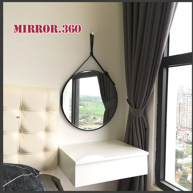 (Size 60cm) Gương Tròn Treo Tường Viền Da Simili (Màu Đen). Tặng kèm phụ kiện treo gương.