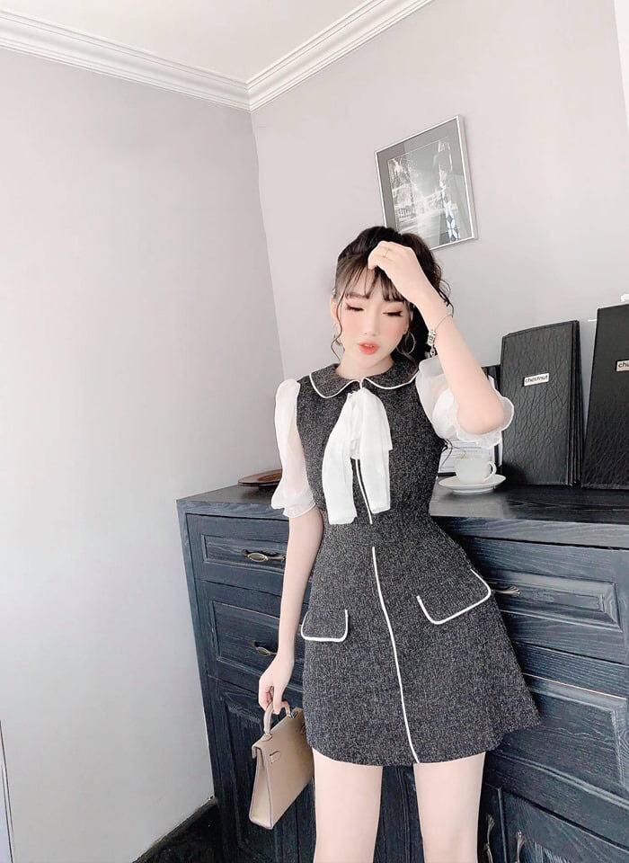 Đầm cổ cột nơ tay phối chất bố-KS