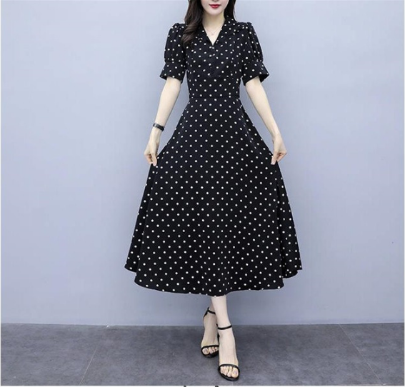 [Sale TẾT 3 Ngày] Đầm nữ maxi họa tiết đen chấm bi, tay lỡ