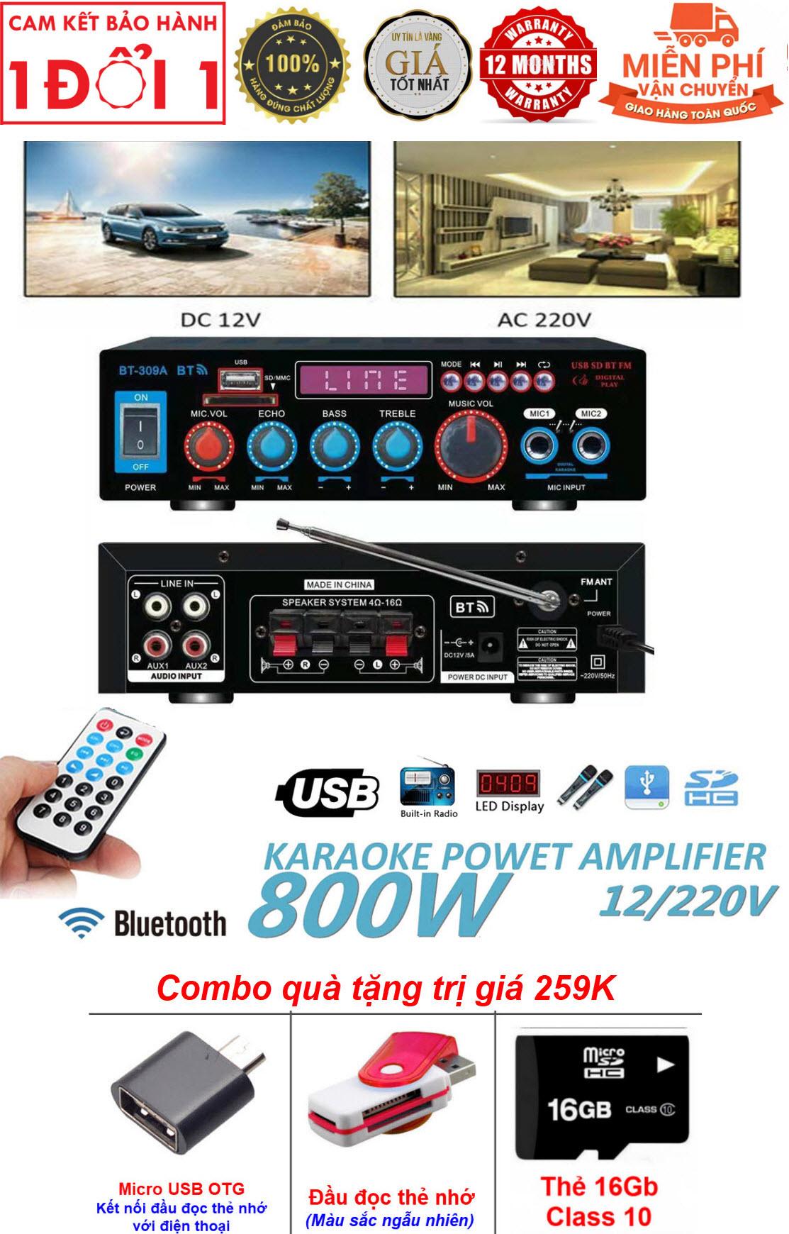 Quà Tặng Trị Giá 259K - Ampli mini hat karaoke, Cách chỉnh âm ly nghe nhạc, Loa va Amply, Ampli cho xe hoi - Amly Bluetoth công suất lớn 800W, bass siêu trầm - Tích hợp 2 cổng mic - Dễ dàng sử dụng và di chuyển