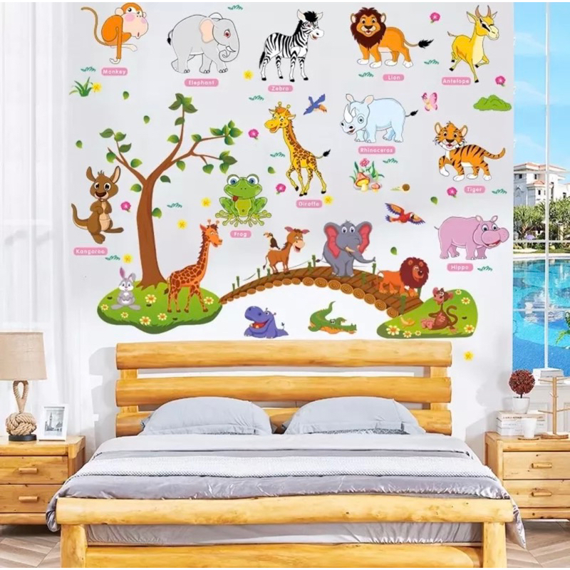 Decal dán tường thú tiếng anh và thú qua cầu(TRANH GHÉP)