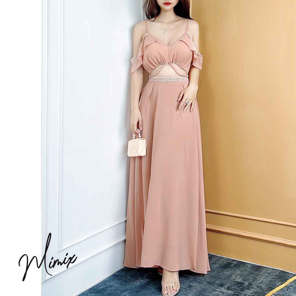 Đầm maxi nữ trơn rớt vai phối ren MIMIX CO8260