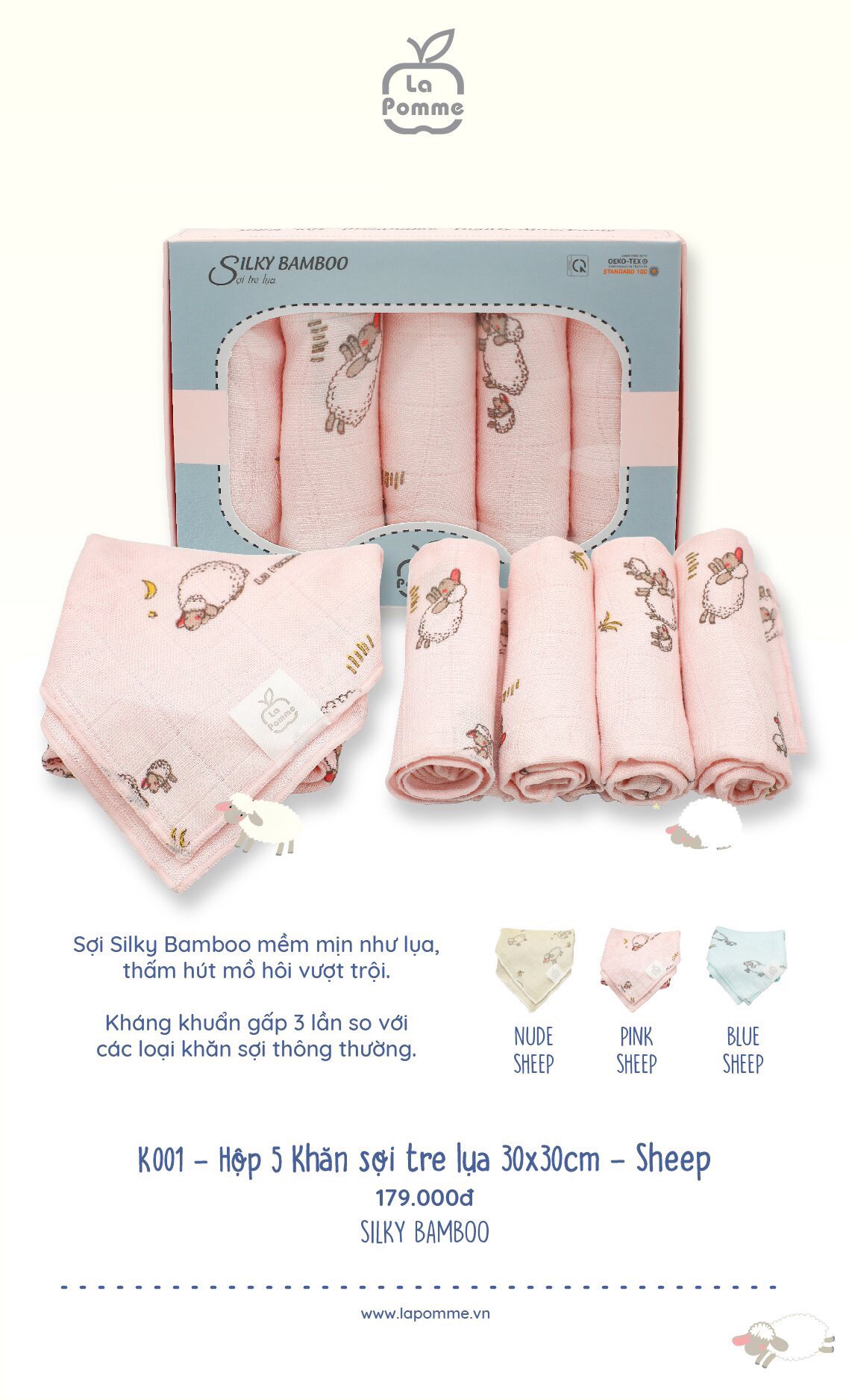 [CHÍNH HÃNG] Set 5 khăn sữa sợi tre lụa siêu mềm (30x30) La Pomme Baby Closet by T&T