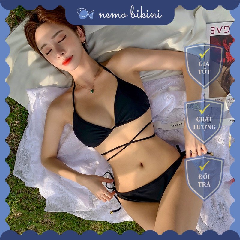 Bikini, đồ bơi nữ 2 mảnh đi biển sexy cơ bản đen buộc dây bụng Nemo Bikini - B52