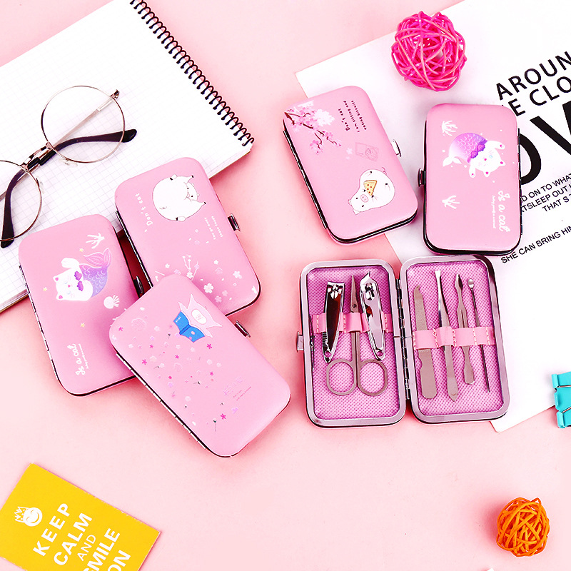 BỘ DỤNG CỤ LÀM MÓNG 7 MÓN HỘP BỌC DA (Hồng) - [ Bấm móng #Cắt móng #Làm móng #Nail #Kềm bấm móng #Kìm cắt móng ]
