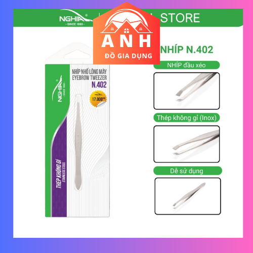 Nhíp nhổ lông mày, lông mũi, lông nách, tóc bạc inox kềm nghĩa n.402 - đầu xéo