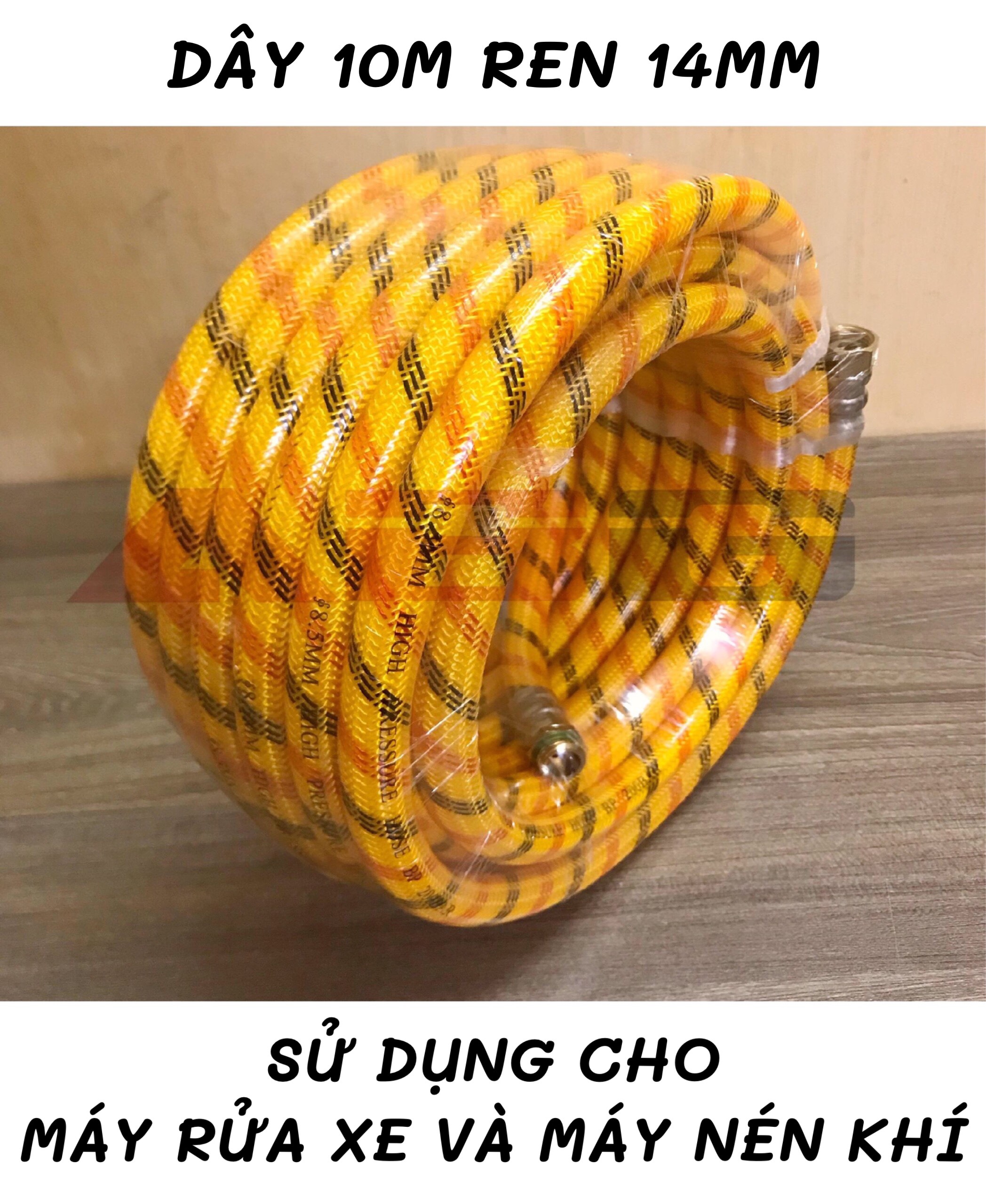 Dây rửa xe áp lực 10m ren 14mm - Dây rửa xe bố vải chịu áp lực cao - Sử dụng cho máy rửa xe và máy nén khí