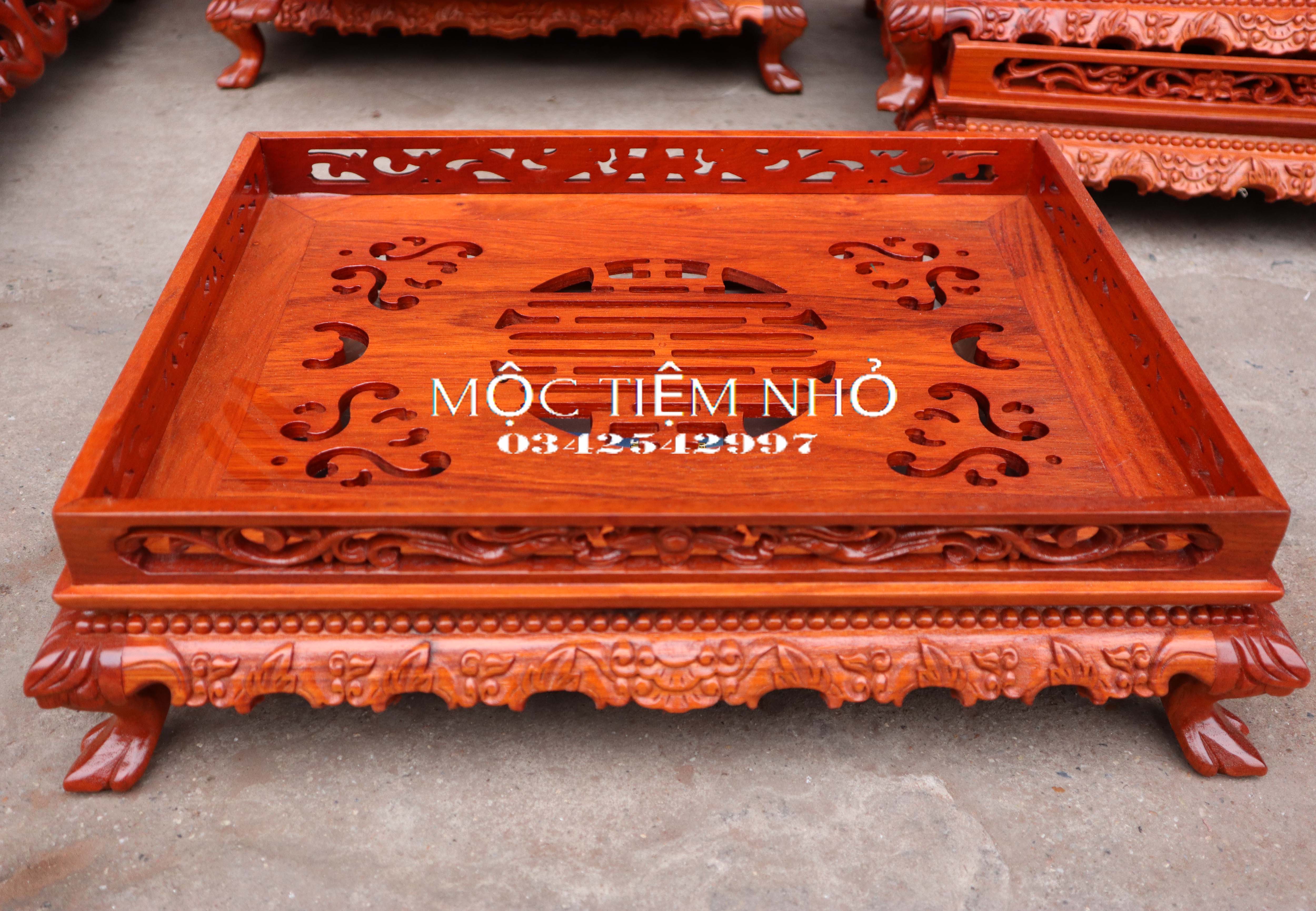 Khay trà chân qùy bằng gỗ hương khay trà rồng trầu gỗ