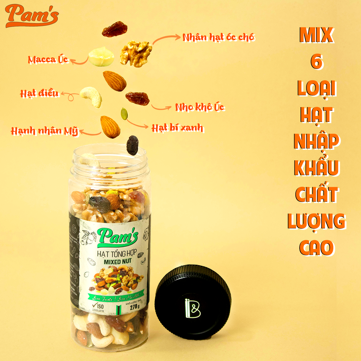 COMBO TIẾT KIỆM - 3 hũ hạt tổng hợp mix 6 loại(macca + hạnh nhân + nhân óc chó + hạt điều + hạt bí + nho khô) Pams 270g/hũ