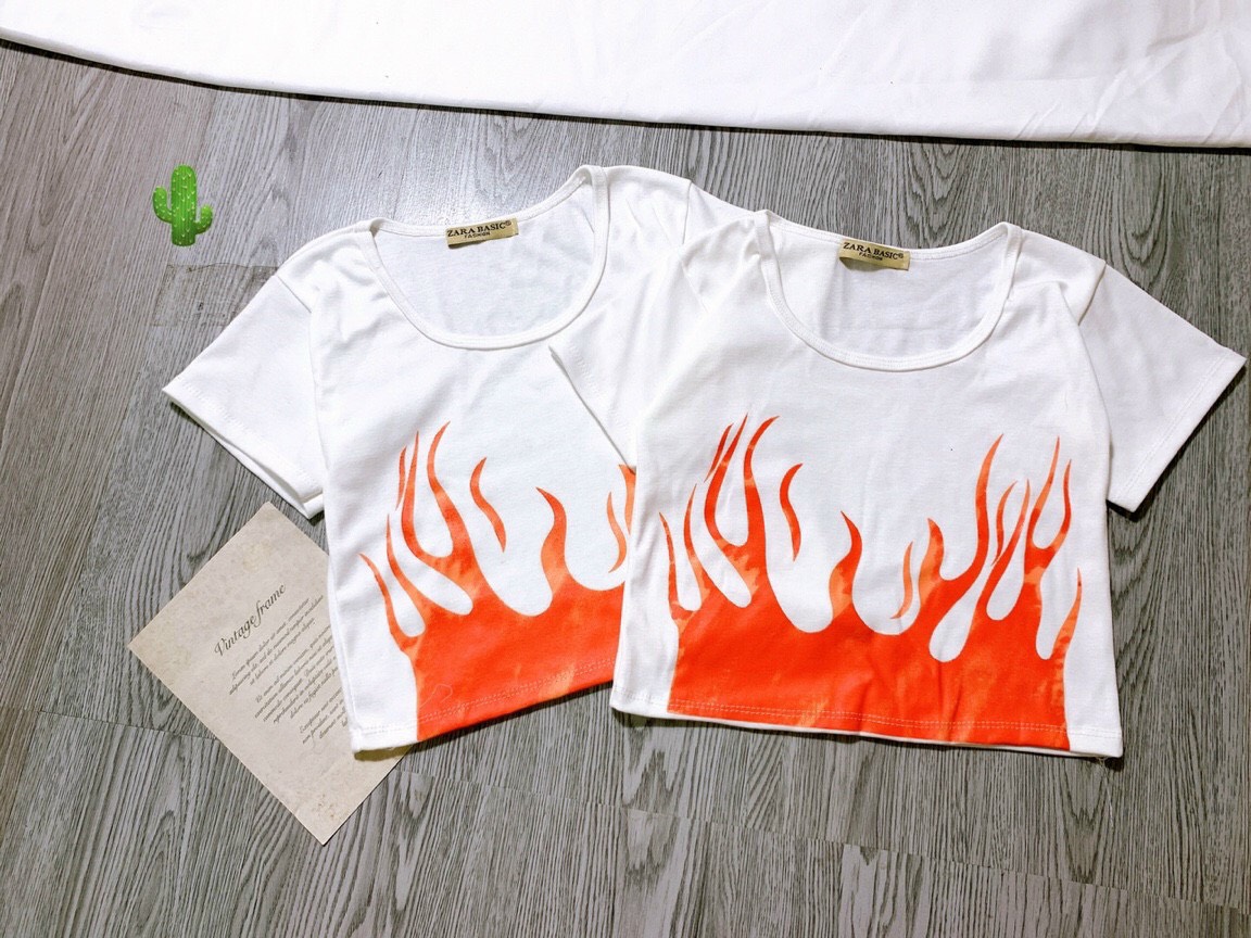 Áo thun CROPTOP ngọn lửa hai màu