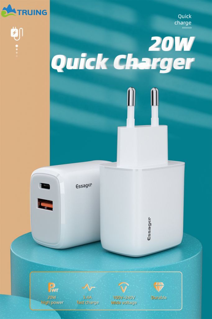 Củ sạc nhanh Essager 2 cổng USB 20W PD3.0 QC3.0 Cho iPhone 12 Pro Mã