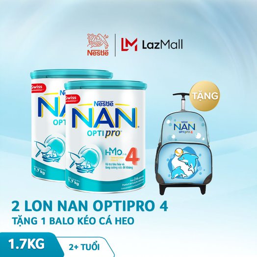 Bộ 2 lon sữa bột Nestle NAN Optipro 4 HM-O cho trẻ trên 2 tuổi 1.7kg + Tặng 1 balo kéo cá heo