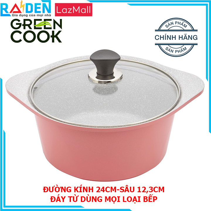Nồi Đúc Quánh Đúc Ceramic Đáy Từ Green-Cook GCS02 Chống Dính 5 Lớp Vân Đá Có Nắp Kính Dùng Cho Bếp Từ,Bếp Gas,Bếp Hồng Ngoại-Hàng Chính Hãng