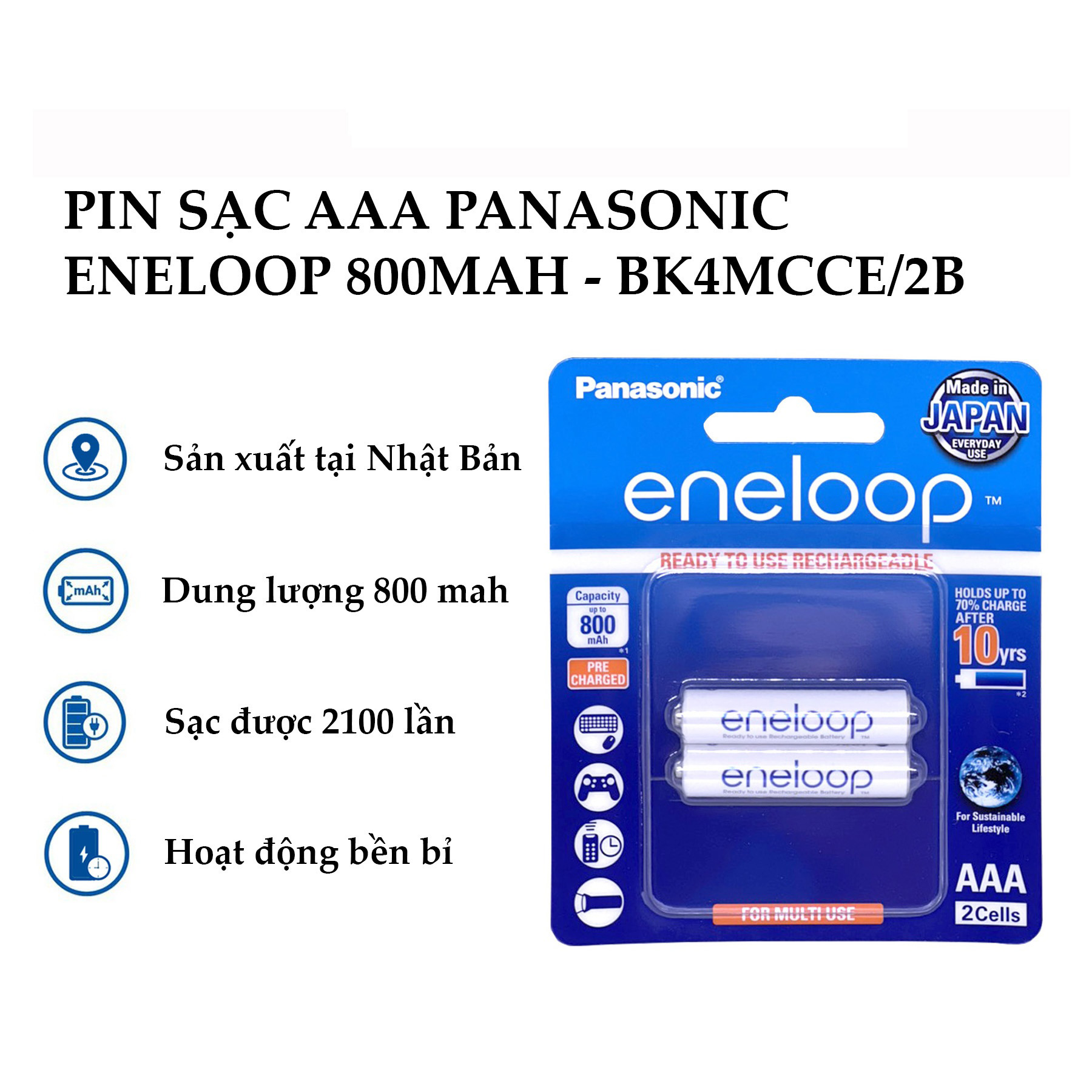 Combo 2 vỉ pin sạc AAA Panasonic Eneloop 800mAh (1 vỉ 2 viên) chính hãng