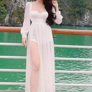Đầm maxi tay dài cúp ngực chân váy xẻ