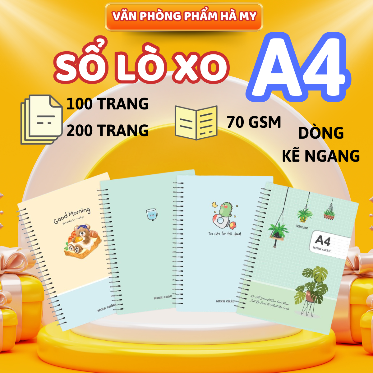 Sổ Lò Xo A4 Minh Châu - ĐL 70mgs Dòng kẻ ngang, giấy trắng mịn - MC841/842