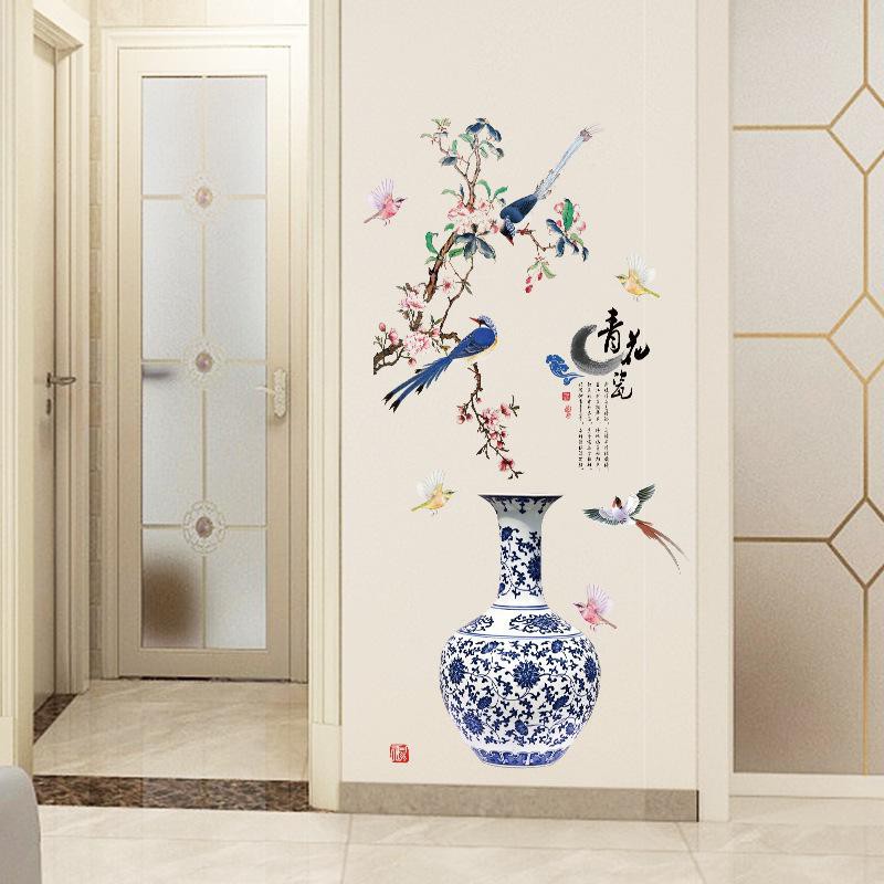 DECAL DÁN TƯỜNG TẾT CHIM CÔNG VÀ BÌNH HOA THỔ CẨM