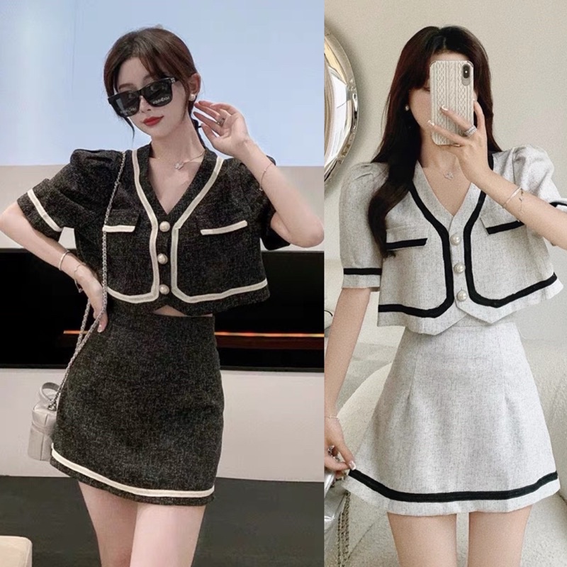 Set dạ tiêu viền ren 2 màu, set bộ áo khoác dạ mix chân váy có ảnh thật kèm video