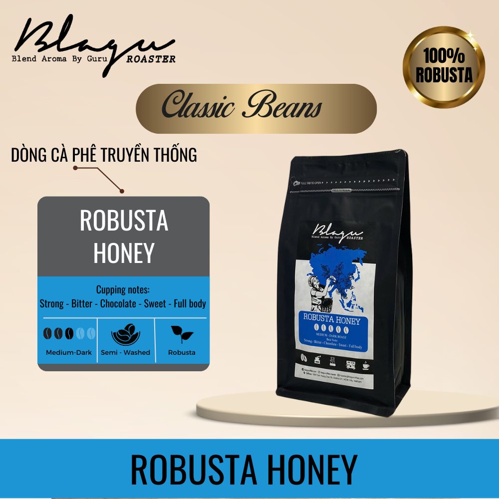 Cà Phê Blagu Hạt Đã Rang Robusta Honey - Medium Roast - Túi 250g,500g,1kg