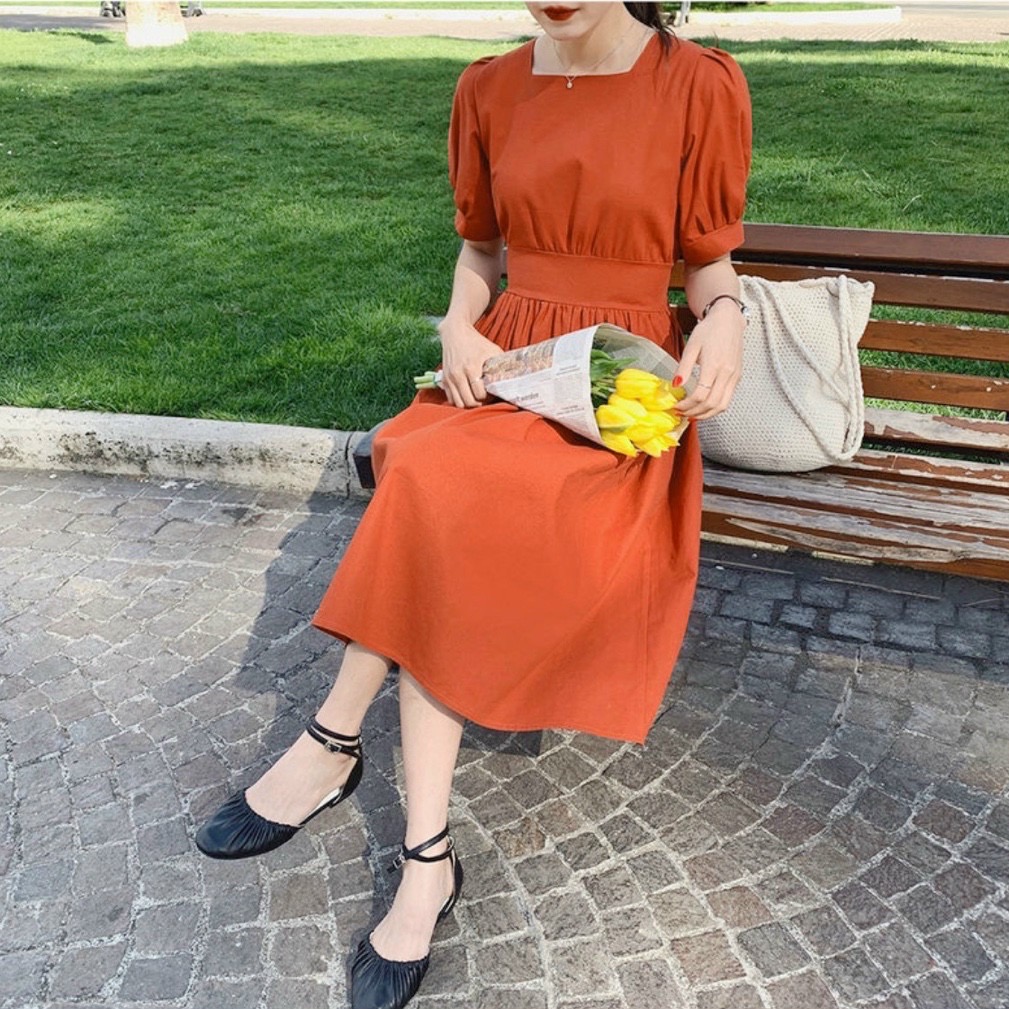 Đầm cổ vuông thắt nơ 2 màu